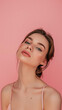 © Art AI Gallery - Portrait of beautiful young woman with makeup in fashion clothes on pink background.
