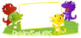 Fototapeta  - cartoon scene with dino dinosaurs or dragons friends playing having fun childhood on white background with space for text illustration for children