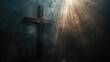 A heavenly light shining down on a simple wooden cross, invoking the presence of Jesus Christ