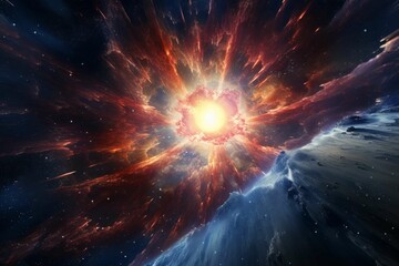 Wall Mural - stunning supernova explosion in deep space, displaying intense energy, colorful shockwaves, against 