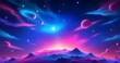 Vibrant alien landscape with purple and pink hues, featuring mountains under a starry sky 