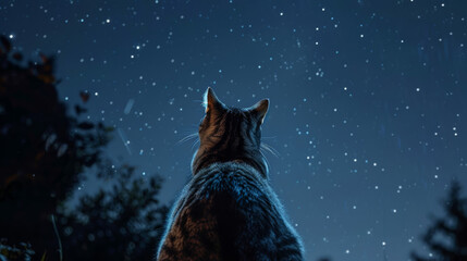 cat viewed from behind looking at the night stars