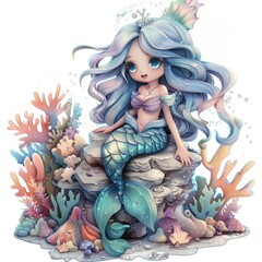A cartoon mermaid is sitting on a rock in a coral reef