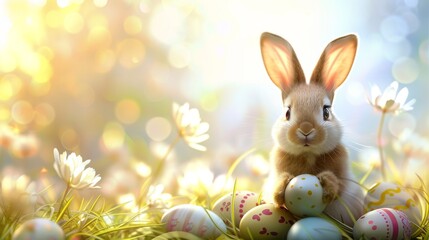 An animated rabbit surrounded by pastel Easter eggs sits in a grassy field, with a brightly lit bokeh background and spring daisies.