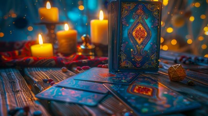 A mystical scene of divination with tarot cards and candles on a wooden table.