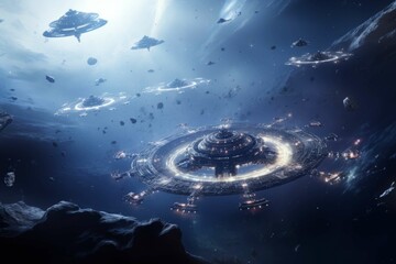 Wall Mural - spaceships exploring mysterious uncharted region of space