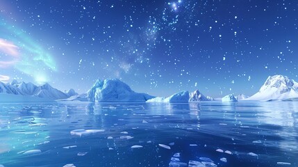 Stunning view of the polar aurora borealis and twinkling stars over a serene Arctic ice field and snow-covered mountains. Arctic Landscape with Northern Lights and Starry Sky

