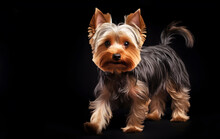 Yorkshire Terrier walking on black studio background, copy blank space for text, header or banner format