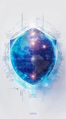 A vivid illustration depicting the globe encased in a shield, with digital lines and nodes weaving across its surface to represent blockchain technologys role in cyber security, isolated against a whi