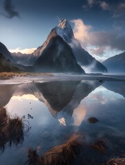 Poster - Majestic Mitre Peak Reflecting in the Tranquil Waters of Milford Sound,South Island,New Zealand