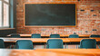 Classic University Lecture Hall with Chalkboard, Empty wooden seats face a large chalkboard filled with notes in a traditional university lecture hall setting.