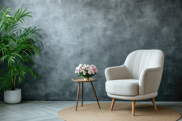 Wall Mural - Modern cozy armchair interior design home living room or color wall furniture decor. Stylish trendy minimal chair and table with house decoration luxury contemporary background. Furniture store ads .