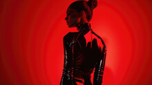 Woman In A Beautiful Latex Suit On A Black And Red Background