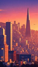 City At Night,san Francisco Downtown ,sunset,flat Design Poster.