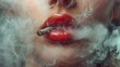 Сlose-up of female lips with red lipstick exhaling thick smoke from a joint