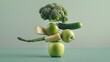 Creative balance of healthy foods in surreal arrangement. Apple, cucumber, and broccoli defy gravity. Surrealism and simplicity in food design. AI