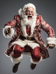 A joyful person dressed as Santa Claus is jumping in the air