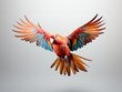 A vibrant macaw in mid-flight