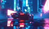 Fototapeta Uliczki - A sleek sports car bathed in neon lights speeds through a futuristic cityscape at night with neon light effect