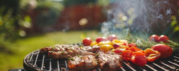 Wall Mural - Vibrant image of grilled kebabs with a variety of vegetables and meats on a smoking barbecue in a garden.