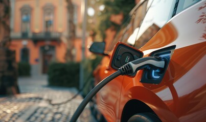 Close-up of electric car charging parked on parking place with electric charger along the street