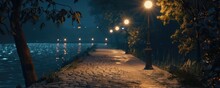 A tranquil night scene with glowing street lights along a cobblestone path beside a calm lake, evoking peace and solitude.