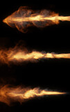 Fototapeta Do przedpokoju - 3 powerful fire jet bursts forward, its bright core and billowing smoke and particles isolated on black for easy overlay effect. 3D render