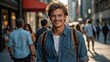 Stilvoller junger Mann mit Jeanshemd und Rucksack spaziert durch die Stadt