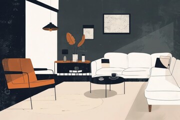 Wall Mural - A living room with a white couch and a brown chair. The couch is on the right side of the room and the chair is on the left side. There is a coffee table in the middle of the room