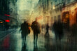 Abstract blurred silhouettes of people in rain on night street in impessionist style. Concept of modern city for a poster, for music album or book covers