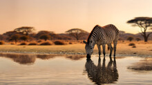 A Zebra Leans Down To Drink From A Pond With Empty Copy Space. Generative AI