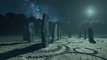 A Moonlit Night With A Group Of Stone Pillars In The Foreground. The Moon Is In The Sky And The Stars Are Visible