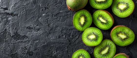   A pair of kiwis sliced in two on a dark background surrounded by more kiwis