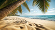 A sandy beach stretches along the coastline with palm trees. Generative AI