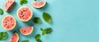  Watermelon slices with mint on blue background for text or image