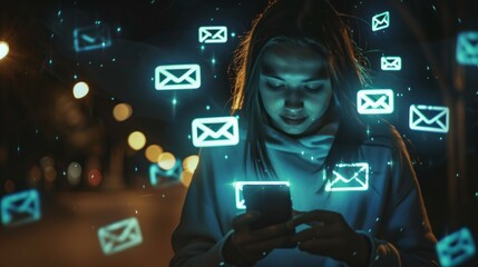 Wall Mural - Girl checking email on smartphone with glowing blue neon envelope and paper document