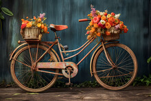 A Bicycle With A Basket Full Of Flowers On It.