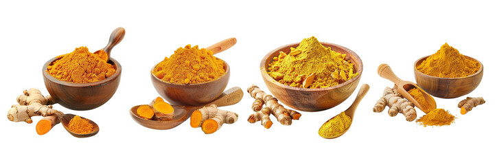 Wall Mural - Set of Finely dried Turmeric powder in a wooden bowl and spoon with rhizome isolated on a transparent background