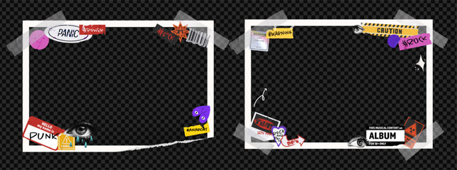 Wall Mural - photo frame for pictures with grunge puck stickers. vector album template with piece of tape. scrapb