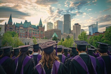 Sticker - A group of students wearing caps and gowns gathered at the university's main square for their graduation ceremony, with city buildings in the background Generative AI