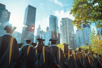 Poster - A group of people wearing black gowns and caps with the university building in front, graduation ceremony Generative AI