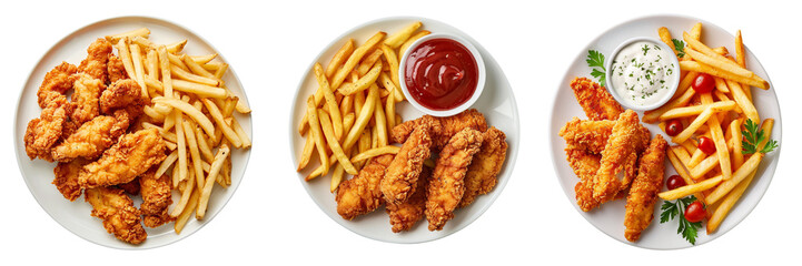 Wall Mural - Set of Plate of Chicken Strips and French Fries top view isolated on a transparent background