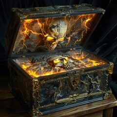 An ominous treasure chest engraved with a skull, emitting a haunting glow and sinister energy, suggesting a cursed or haunted object.