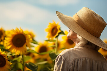 Generative AI photo of a beautiful happy person on summer vacation surrounded blooming flowers