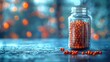 Orange pill from glass medicine bottle on blue blurred background with copy space. 3d rendering