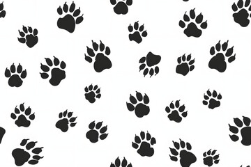 Sticker - black paw prints in a seamless pattern on a white background,