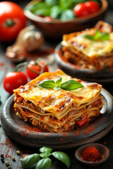 Lasagne bolognese pasta meal eating lunch with basil tomatoes and cheese on a plate portrait format