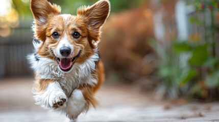 Wall Mural - Small dog running in city street, happy cute puppy jumping 