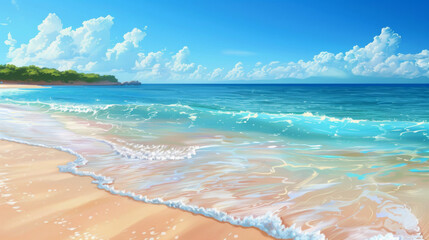 Wall Mural - A tranquil beach scene with crystal-clear water and golden sands, summer vacation.