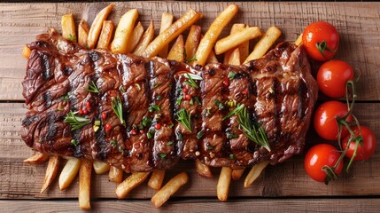 Wall Mural - Top view of traditional steak and french fries on wooden table with space for text